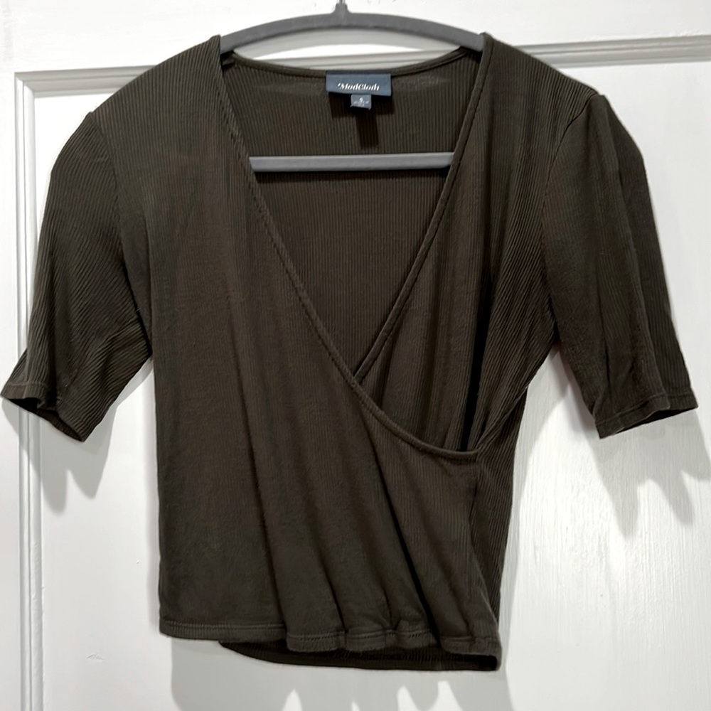 Mod Cloth Cropped Ribbed Wrap Top, Olive Green, S